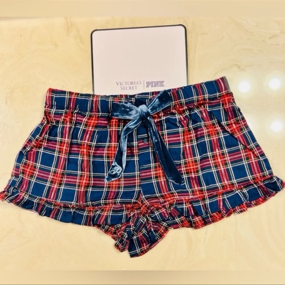 PINK VICTORIA'S SECRET Flannel Pajama Shorts Navy, Red & Silver Plaid Preppy XL - Picture 9 of 13